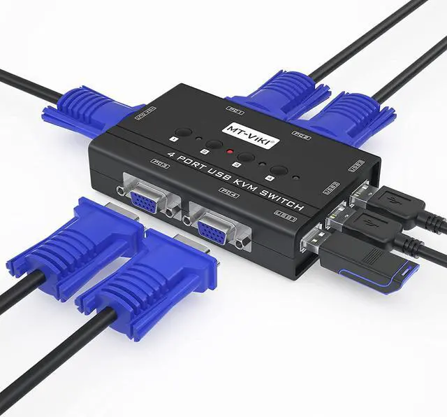 MT-VIKI KVM Switch VGA 4 Port KVM Switch for 4 Computers Share One Monitor Keyboard Mouse Printer 3 USB 2.0 Hub Included 4 VGA KVM Cables