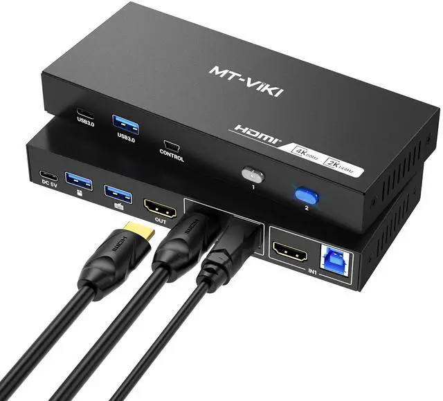 MT-VIKI USB 3.0 KVM Switch HDMI (3 USB-A+ 1 USB-C) 4K 60Hz/2K 144Hz KVM Switcher 2 Computers 1 Monitor KVM with 4 USB 3.0 Port