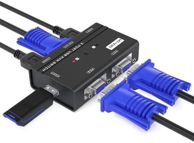 MT-VIKI VGA KVM Switch 2 Port USB VGA KVM Switch for 2 Computers Share 1 Monitor Keyboard Mouse Printer + 2 KVM Cables