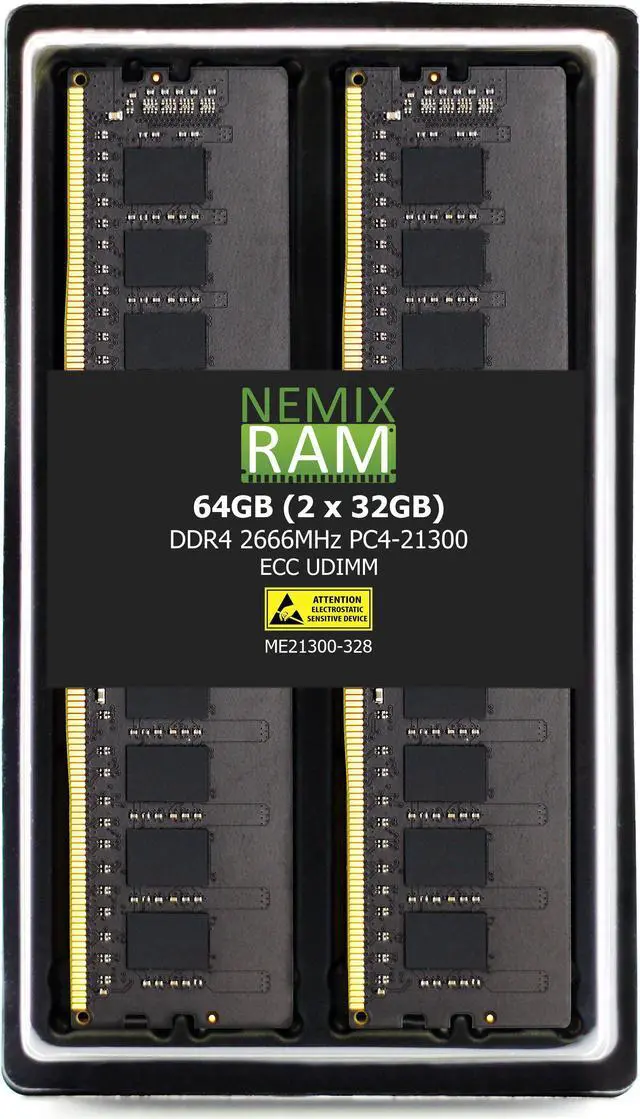 NEMIX RAM 64GB (2X32GB) DDR4 2666MHZ PC4-21300 2Rx8 1.2V 288-PIN ECC Unbuffered UDIMM Memory KIT