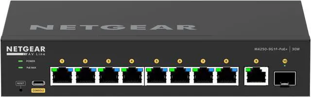 NETGEAR 8x1G PoE+ 110W 1x1G and 1xSFP Managed Switch AV Line M4250-9G1F-PoE+ GSM4210PD