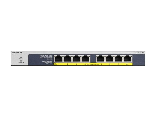 Netgear GS108PP 8-Port Gigabit Ethernet High-Power PoE+ Unmanaged Switch With FlexPoE (123W) GS108PP-100NAS
