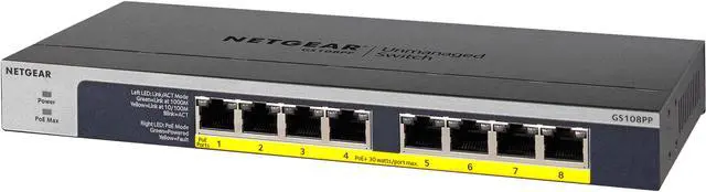Netgear GS108PP 8-Port Gigabit Ethernet High-Power PoE+ Unmanaged Switch with FlexPoE (123W) GS108PP-100NAS