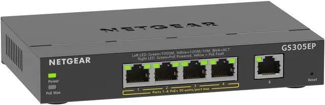 Netgear GS305EP 5-Port Gigabit Ethernet SOHO Plus Easy Smart Managed Essentials PoE+ Switch with 4-Port PoE+ (63W) GS305EP-100NAS