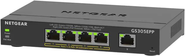 Netgear GS305EPP 5-Port Gigabit Ethernet Easy Smart Essentials PoE Manageable Switch GS305EPP-100NAS