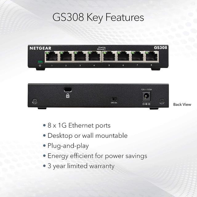 Netgear GS308 8-Port Gigabit Ethernet Unmanaged Switch GS308-300PAS