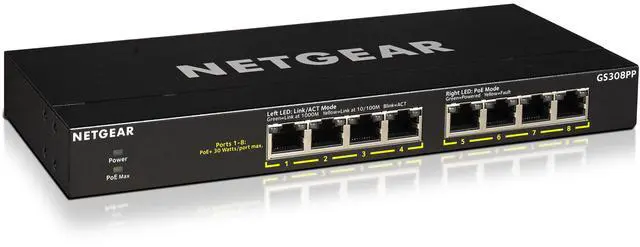 Netgear GS308PP 8-Port Gigabit Ethernet Unmanaged PoE+ Essentials Switch with 8-Ports PoE+ (83W) GS308PP-100NAS