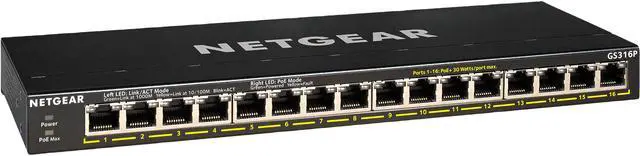Netgear GS316P 16-Port Gigabit Ethernet Unmanaged PoE+ Switch with FlexPoE (115W) GS316P-100NAS