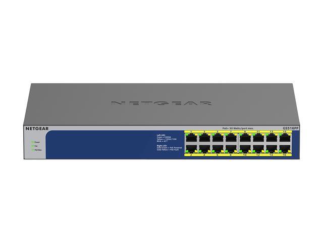 Netgear GS516PP 16-Port Gigabit Ethernet High-Power PoE+ Unmanaged Switch (260W) GS516PP-100NAS
