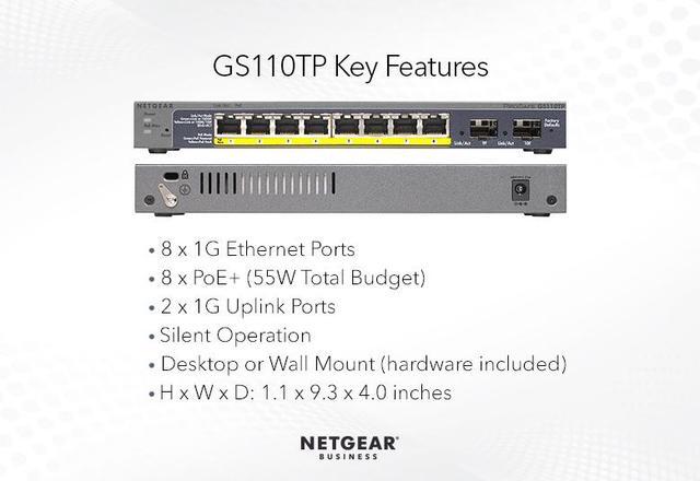 Netgear ProSafe GS110TP 8-Port Gigabit PoE+ Ethernet Smart Switch With 2 SFP Ports And Cloud Management (55W) GS110TP-300NAS