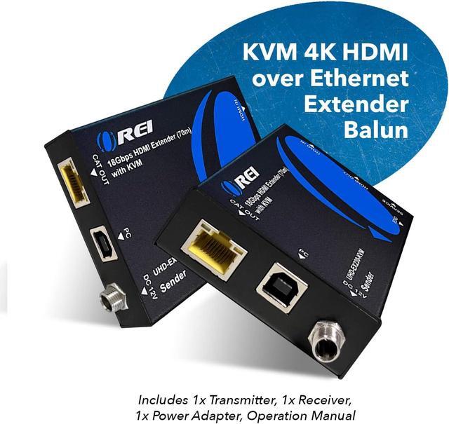 OREI KVM 4K HDMI Over Ethernet Extender Balun Over CAT6/7 Cable 4K 60Hz Upto 230 Feet - 2 USB 1.1 Ports Supports Keyboard And Mouse USB HDMI Loop Out Power Over Cable