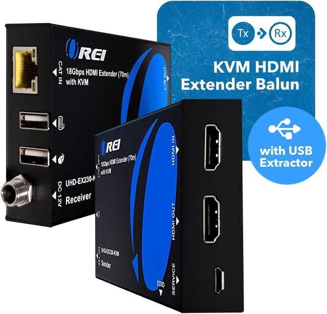 OREI KVM 4K HDMI Over Ethernet Extender Balun Over CAT6/7 Cable 4K 60Hz Upto 230 Feet - 2 USB 1.1 Ports Supports Keyboard And Mouse USB HDMI Loop Out Power Over Cable
