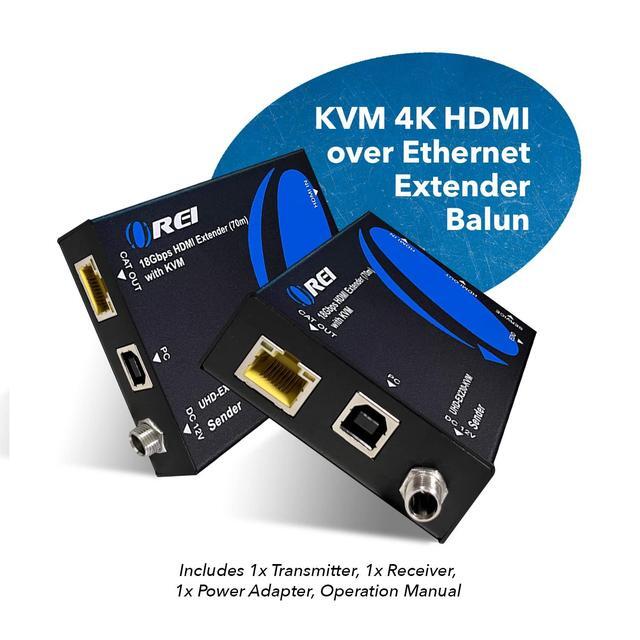 OREI KVM 4K HDMI Over Ethernet Extender Balun Over CAT6/7 Cable 4K 60Hz Upto 230 Feet - 2 USB 1.1 Ports Supports Keyboard And Mouse USB HDMI Loop Out Power Over Cable