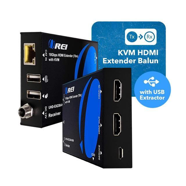 OREI KVM 4K HDMI Over Ethernet Extender Balun Over CAT6/7 Cable 4K 60Hz Upto 230 Feet - 2 USB 1.1 Ports Supports Keyboard And Mouse USB HDMI Loop Out Power Over Cable