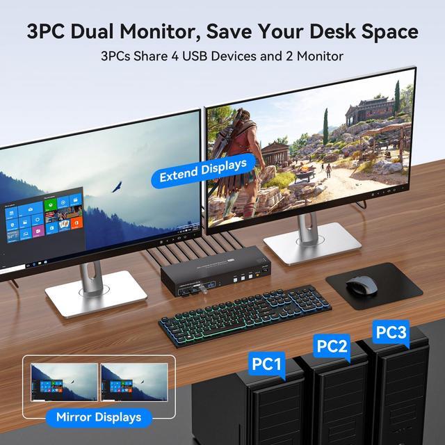 PVBCTCSID HDMI KVM Switch 3 Computers 2 Monitors 4K60Hz EDID For 3 PC Share Dual Monitor And 4 USB 3.0 Port With Controller