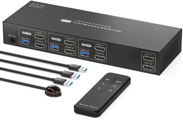 PVBCTCSID HDMI KVM Switch 3 Computers 2 Monitors 4K60Hz EDID for 3 PC Share Dual Monitor and 4 USB 3.0 Port with Controller