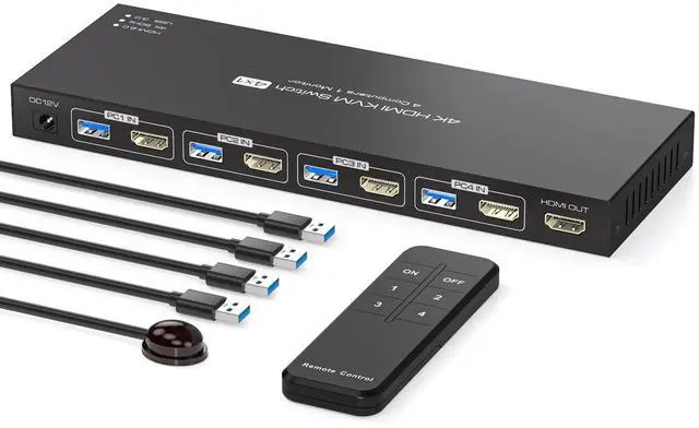 PVBCTCSID USB3.0 HDMI KVM Switch 4 Computers EDID 4K60Hz 4 Port KVM for 4 PC Sharing 1 Monitor and 4 USB 3.0 Devices with Controller