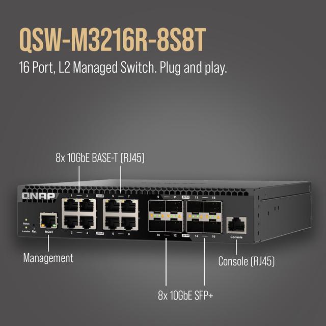 QNAP QSW-M3216R-8S8T-US Half Rackmount 16-Port 10GbE Layer 2 Web Managed Switch - 8 Ports - Manageable - 10 Gigabit Ethernet - 10GBase-T 10GBase-X - 2 Layer Supported