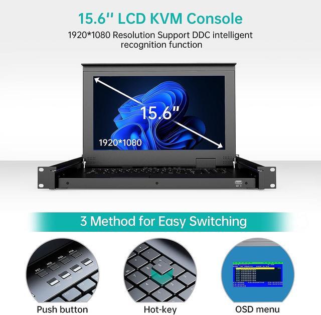 Rack Mount KVM Console 8 Port VGA KVM Switch W/15.6'' LCD Monitor 1080P LCD KVM Console Integrated Touchpad+Keyboard+Drawer+8 KVM Cables