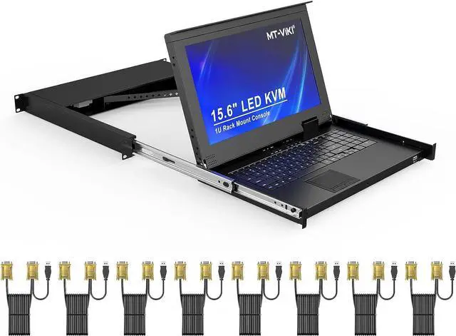 Rack Mount KVM Console 8 Port VGA KVM Switch w/15.6'' LCD Monitor 1080P LCD KVM Console Integrated Touchpad+Keyboard+Drawer+8 KVM Cables