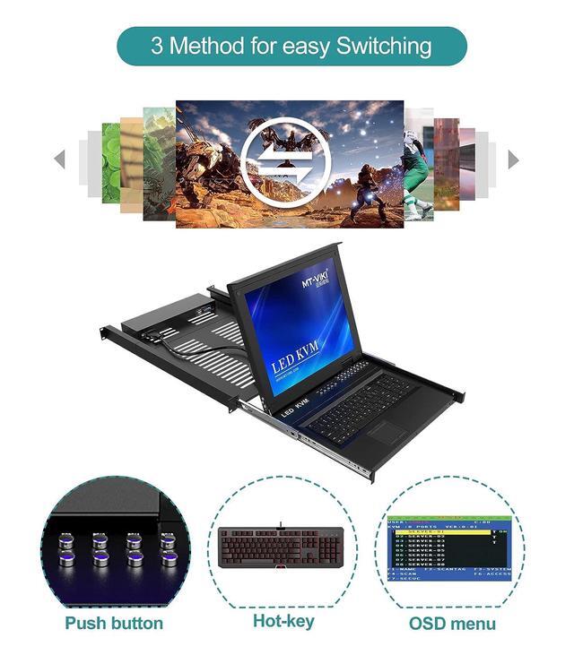 Rack Mount KVM Switch 16 Port VGA KVM Switch W/17'' LCD Monitor LCD KVM Switch 1280x1024 Support OSD/Hotkey/Panel Button Switching Included 16 USB/VGA KVM Cables