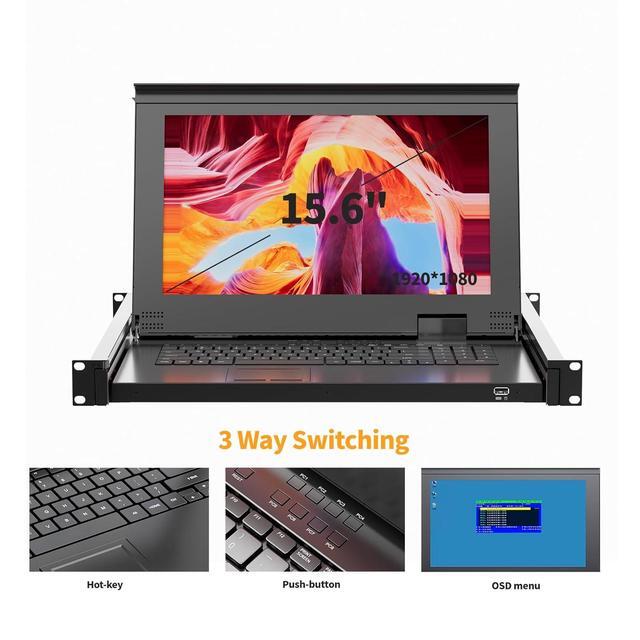Rack Mount KVM W/15.6'' LCD Monitor Arvitek 16 Port KVM Switch VGA Fit 1U 19'' Rack Suitable For 600-800mm Network Cabinet + 16 VGA KVM Cables