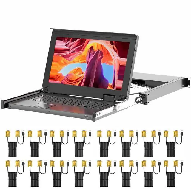Rack Mount KVM w/15.6'' LCD Monitor Arvitek 16 Port KVM Switch VGA Fit 1U 19'' Rack Suitable for 600-800mm Network Cabinet + 16 VGA KVM Cables