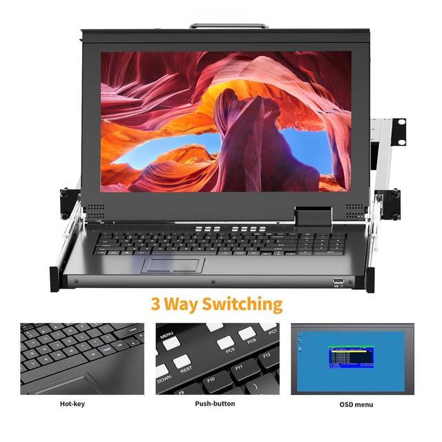 Rack Mount KVM W/15.6'' LCD Monitor Arvitek 8 Port KVM Switch HDMI W/Handle Fit 1U 19'' Rack Suitable For 600-800mm Network Cabinet (Included 8 HDMI KVM Cables)