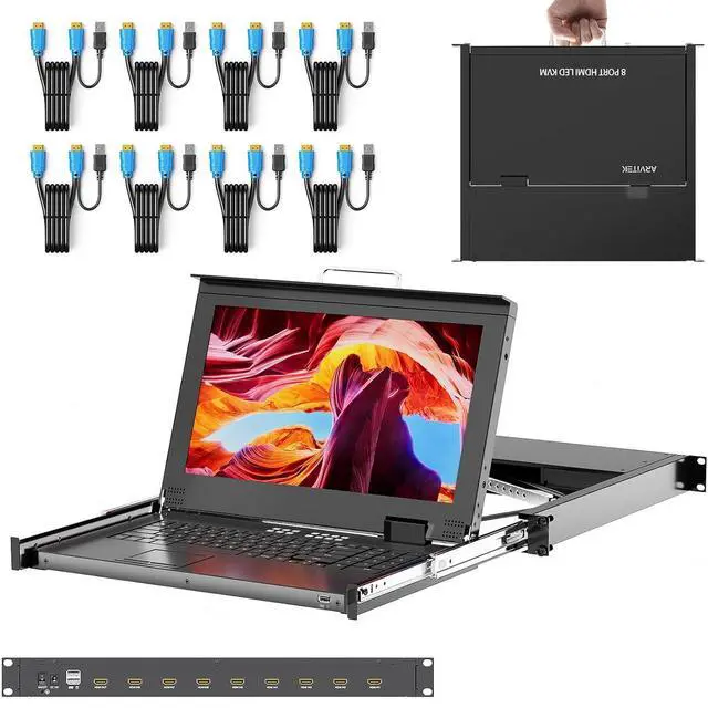 Rack Mount KVM w/15.6'' LCD Monitor Arvitek 8 Port KVM Switch HDMI w/Handle Fit 1U 19'' Rack Suitable for 600-800mm Network Cabinet (Included 8 HDMI KVM Cables)
