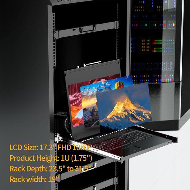 Rack Mount KVM W/17.3" LCD Monitor Arvitek 8 Port KVM Switch HDMI W/Handle Fit 1U 19'' Rack Suitable For 600-800mm Network Cabinet (Included 8 HDMI KVM Cables)