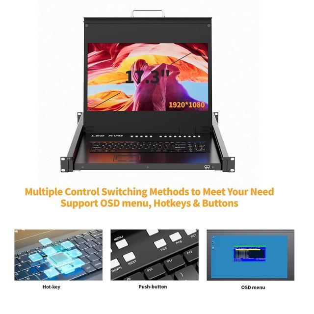Rack Mount KVM W/17.3" LCD Monitor Arvitek 8 Port KVM Switch HDMI W/Handle Fit 1U 19'' Rack Suitable For 600-800mm Network Cabinet (Included 8 HDMI KVM Cables)