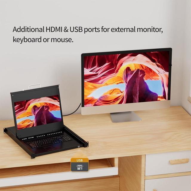Rack Mount KVM W/17.3" LCD Monitor Arvitek 8 Port KVM Switch HDMI W/Handle Fit 1U 19'' Rack Suitable For 600-800mm Network Cabinet (Included 8 HDMI KVM Cables)