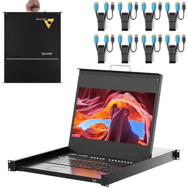 Rack Mount KVM w/17.3" LCD Monitor Arvitek 8 Port KVM Switch HDMI w/Handle Fit 1U 19'' Rack Suitable for 600-800mm Network Cabinet (Included 8 HDMI KVM Cables)