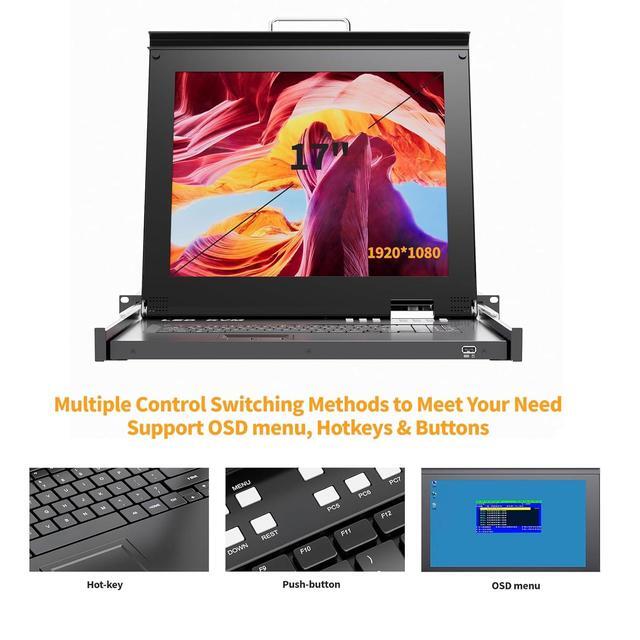 Rack Mount KVM W/17 LCD Monitor Arvitek 8 Port KVM Switch VGA With Handle Fit 1U 19" Rack Support Hotkey+Button+OSD Switching + 8 VGA KVM Cables