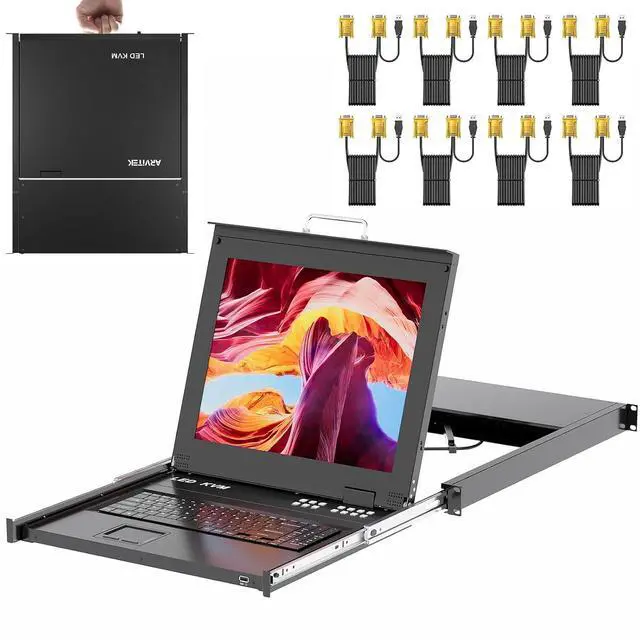 Rack Mount KVM w/17 LCD Monitor Arvitek 8 Port KVM Switch VGA with Handle Fit 1U 19" Rack Support Hotkey+Button+OSD Switching + 8 VGA KVM Cables