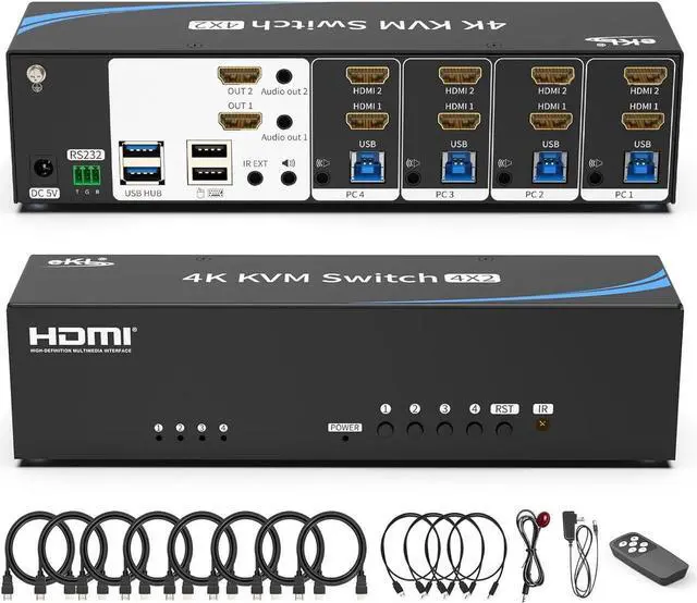 Real Seamless Switching USB 3.0 HDMI KVM Switch Dual Monitors 4 Computers 4K 30Hz 4 Port Extended Display 3.5mm Audio EDID Emulators Button Hotkey Remote Control Mouse RS232 Code Switching