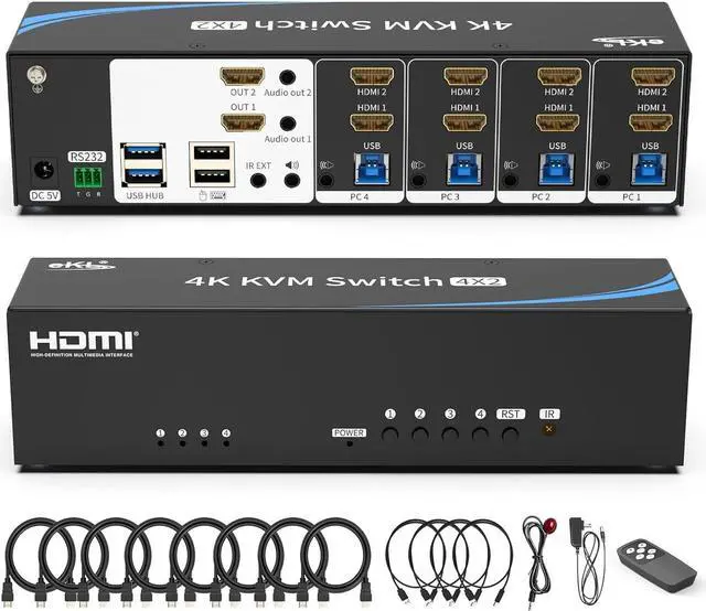 Real Seamless Switching USB 3.0 HDMI KVM Switch Dual Monitors 4 Computers 4K 30Hz 4 Port Extended Display 3.5mm Audio EDID Emulators Button Hotkey Remote Control Mouse RS232 Code Switching