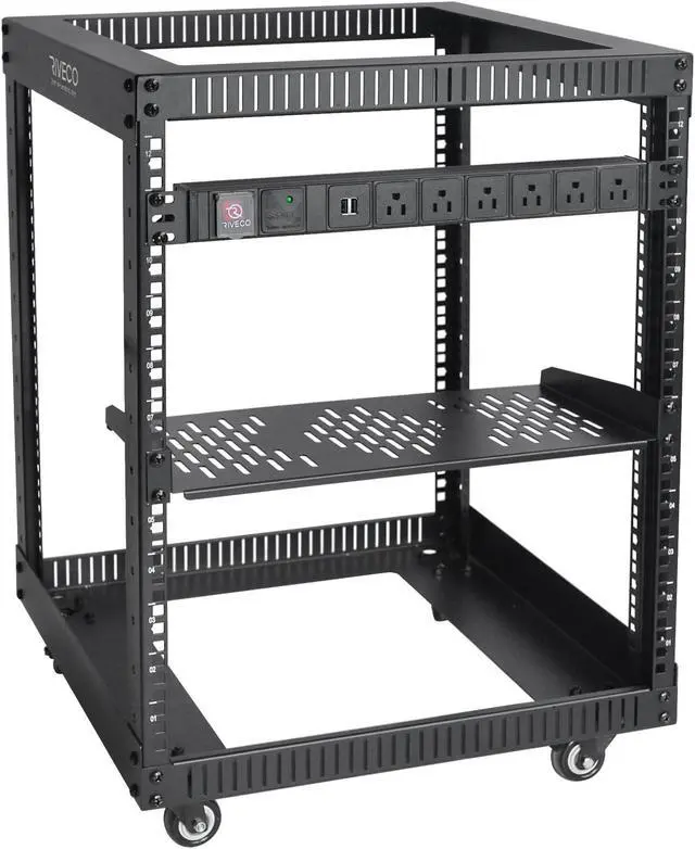 RIVECO 19" 12U Server Rack Open Frame with Wheels + PDU (8 Outlets) Power Strip Surge Protector + 1U Rack Shelf Cantilever Tray Set Black