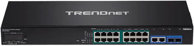 Roll over image to zoom in TRENDnet 18-Port Gigabit PoE+ Smart Surveillance Switch with 16 x Gigabit PoE+ Ports; TPE-3018LS; 2 x Shared Gigabit Ports (RJ-45 or SFP); 220W PoE Budget; Long Range PoE+; VLAN; QoS; LACP; ONVIF