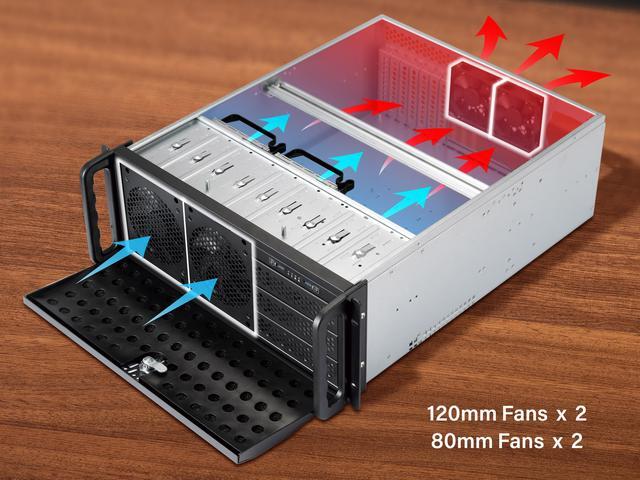 Rosewill 4U Server Chassis Rackmount Case 8 3.5" HDD Bays 3 5.25" Devices ATX CEB Compatible 2 Front 120mm Fans 2 Rear 80mm Fans 2x USB 3.0 Front Panel Lock Silver/Black - RSV-R4000U