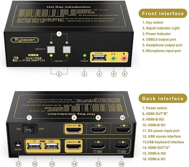Rybozen HDMI KVM Switch 2 Port Dual Monitor Extended Display 4K USB KVM Switch HDMI With Audio Microphone Output And USB 2.0 Hub PC Monitor Keyboard Mouse Switcher