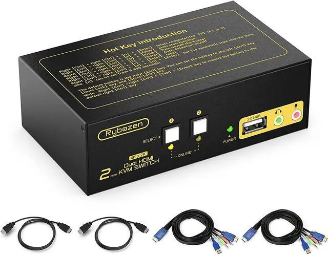 Rybozen HDMI KVM Switch 2 Port Dual Monitor Extended Display 4K USB KVM Switch HDMI with Audio Microphone Output and USB 2.0 Hub PC Monitor Keyboard Mouse Switcher