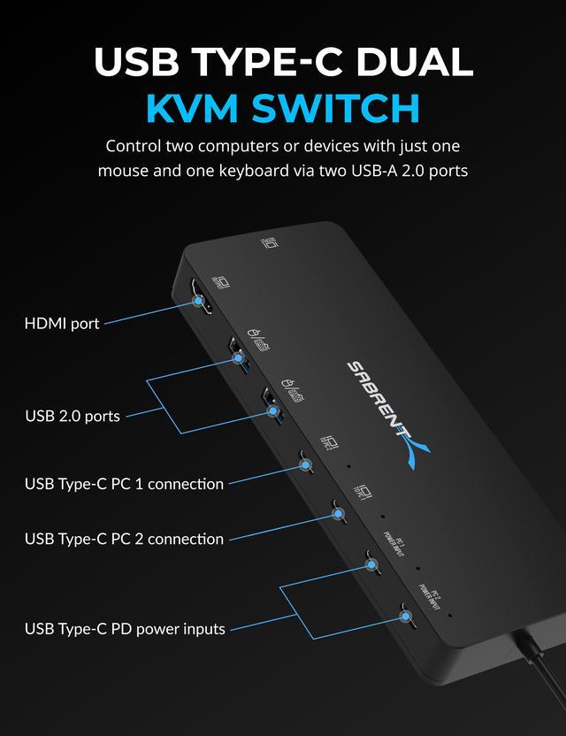 SABRENT USB Type C Dual KVM Switch With Power Delivery [USB-CKDH]