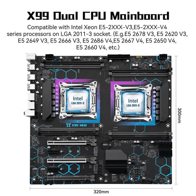 SHANGZHAOYUAN X99 Dual CPU Motherboard Intel LGA 2011-V3 Motherboard For Xeon E5 V3/V4 Series Processor (E-ATX DDR4 Max 256GB PCIe 3.0 NVME/NGFF M.2 SATA 6Gbps USB 3.0 Gigabit LAN)