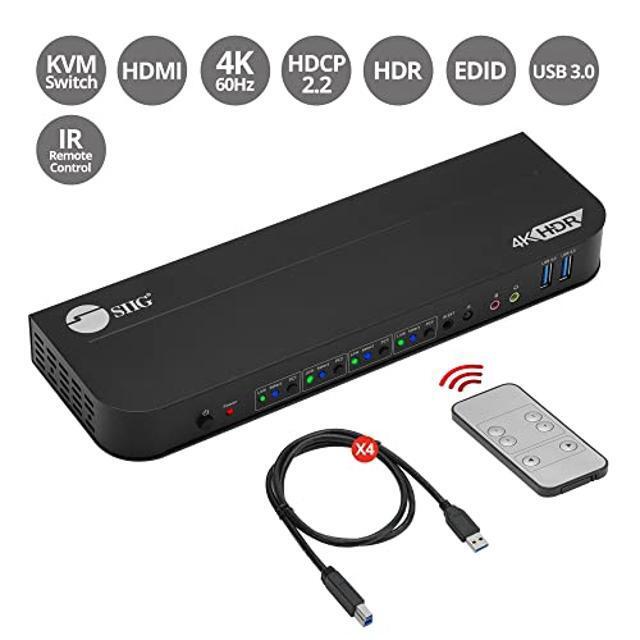 SIIG 4-Port 4K KVM Switch HDMI With Remote Control 1x HDMI Output 2X USB 3.2 Type-A Ports EDID Bypass Compatible With Windows And Mac (CE-KV0F11-S1)