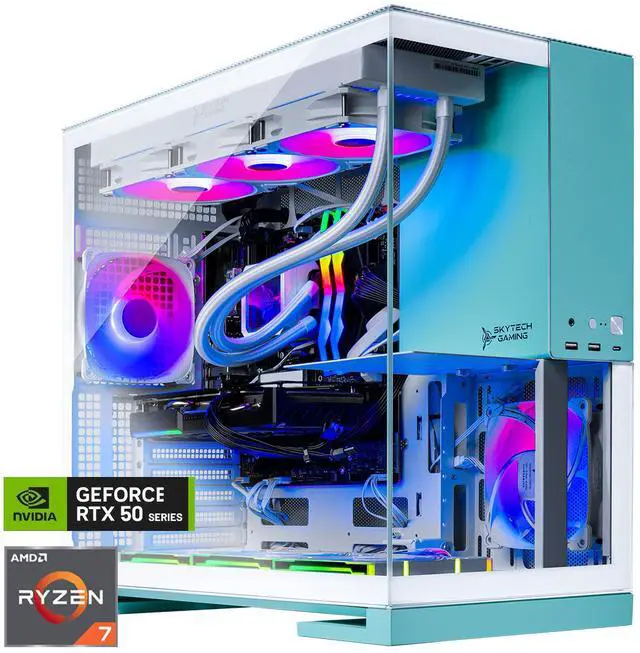 Skytech Gaming Aqua Desktop PC Ryzen 7 7700X 4.5 GHz (5.4GHz) NVIDIA RTX 5060 1TB Gen4 NVMe SSD 32GB DDR5 RAM 5600 RGB 850W GOLD ATX 3 PSU 360mm ARGB AIO Wi-Fi Win 11