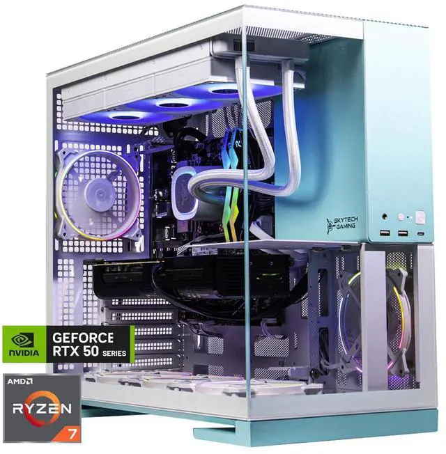 Skytech Gaming Aqua Desktop PC Ryzen 7 9700X 3.8 GHz (5.5GHz Turbo) NVIDIA RTX 5070 12GB 1TB Gen4 NVMe SSD 32GB DDR5 RAM RGB 850W GOLD ATX 3 PSU 360mm ARGB AIO Wi-Fi Win 11