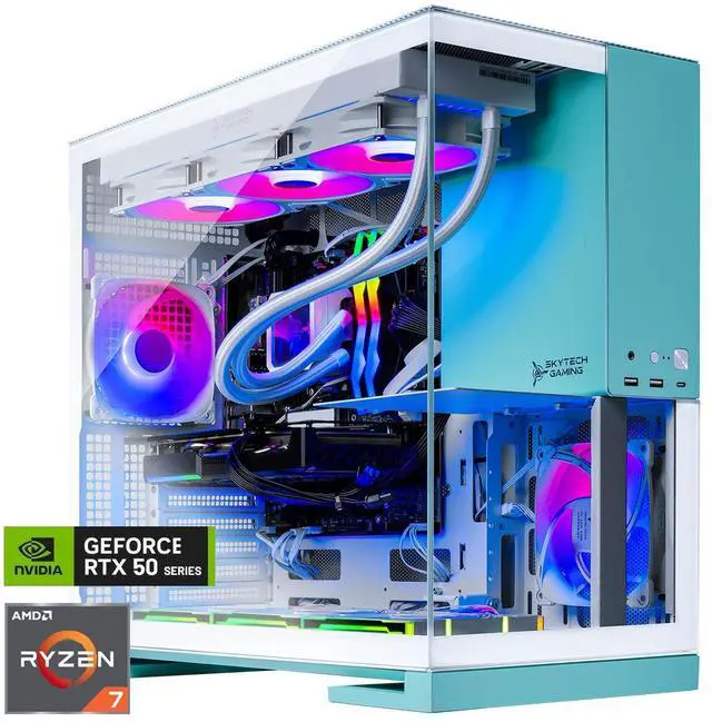 Skytech Gaming Aqua Desktop PC Ryzen 7 9800X3D 4.7 GHz (5.2 GHz Turbo) NVIDIA RTX 5070 Ti 16GB 2TB Gen4 NVMe SSD 32GB DDR5 RAM RGB 850W GOLD ATX 3 PSU 360mm ARGB AIO Wi-Fi Win 11