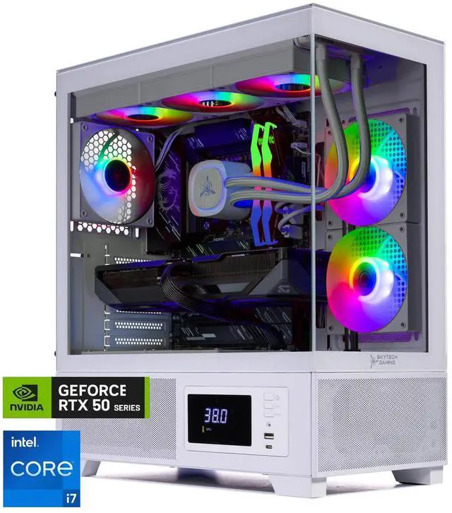 Skytech Gaming Azure 3 Plus Desktop PC Intel i7 14700F 2.1 GHz (5.3GHz Turbo) NVIDIA RTX 5070 Ti 16GB 1TB Gen4 NVMe SSD 64GB DDR5 RAM RGB 850W GOLD ATX 3 PSU 360mm ARGB AIO Wi-Fi Win 11