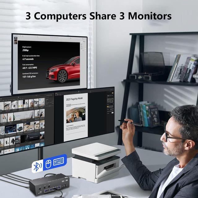 SMA [2 Displayport + HDMI] Triple Monitor USB 3.0 KVM Switch 3 Monitors 3 Computers 8K 60Hz DisplayPort 1.4 + HDMI2.1 KVM Switch For 3 PC Share 3 Display And 4 USB 3.0 Devices Wired Remote Included